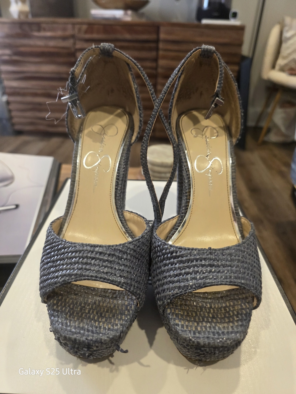 Jessica Simpson Blue Raffia Peep-Toe Platform Sandals